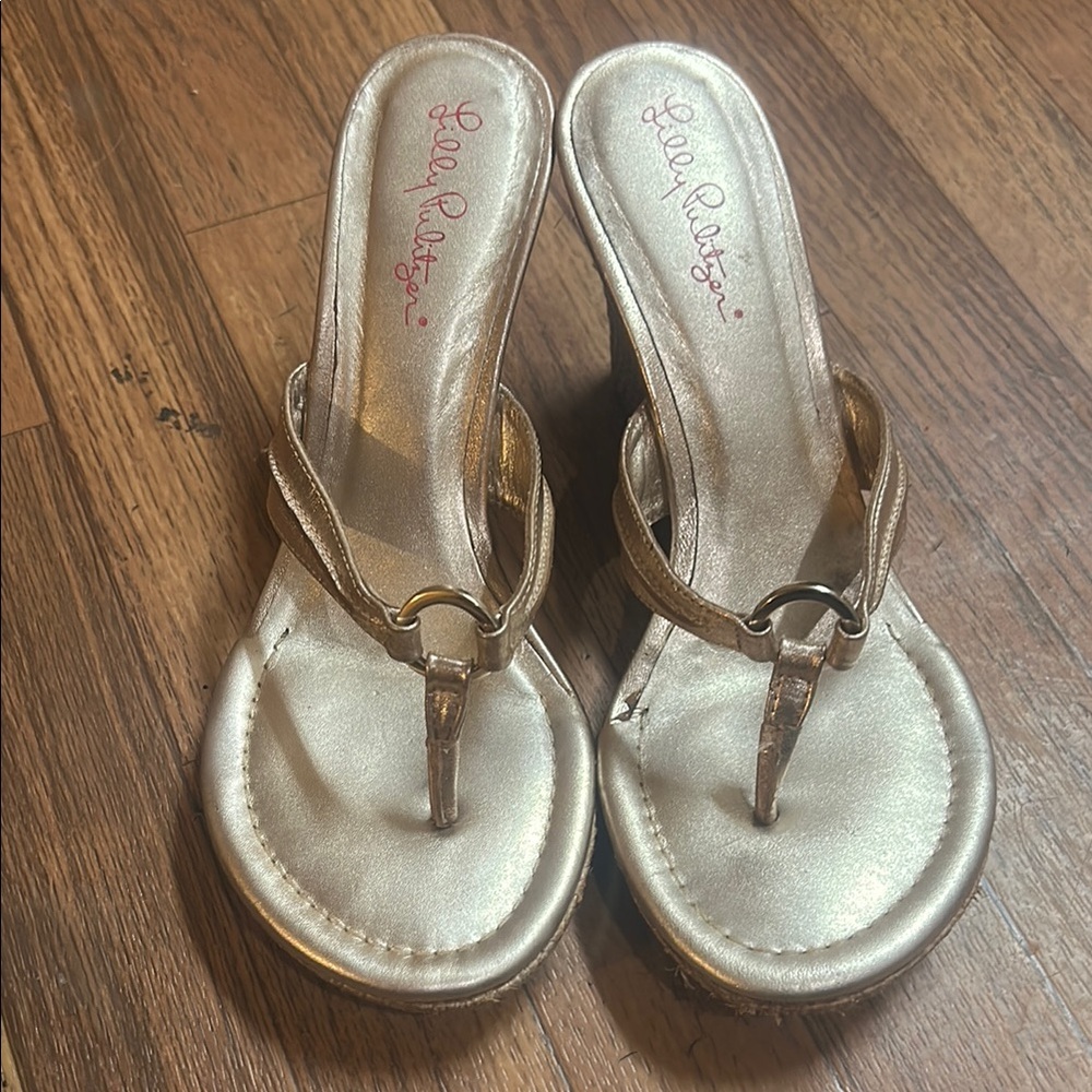 Lilly Pulitzer Lela Rose Gold Sandals with Thong Design and Decorative Buckle